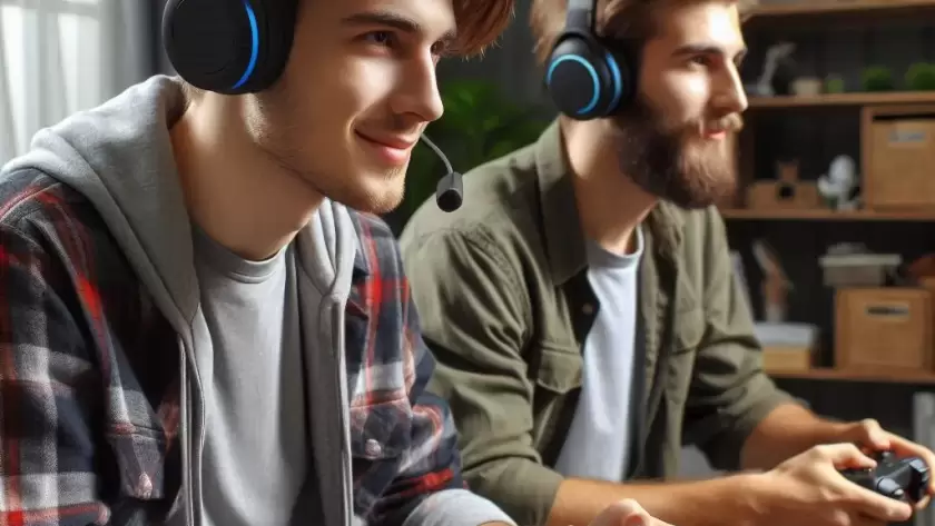 2 Jeunes hommes en train de jouer aux jeux vidéo sur console avec un casque.