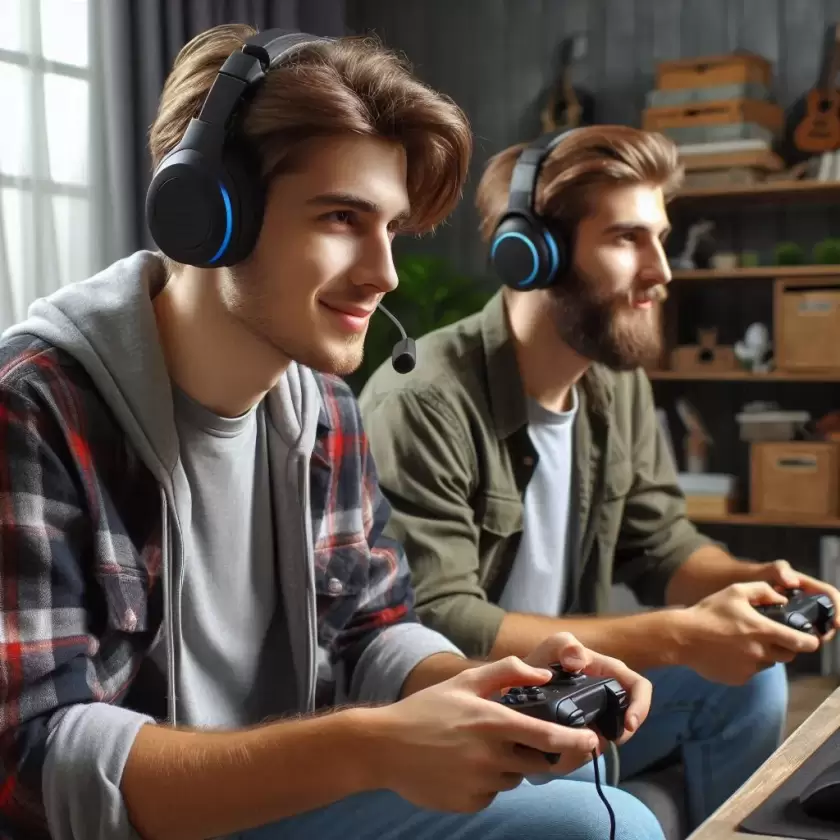 2 Jeunes hommes en train de jouer aux jeux vidéo sur console avec un casque.