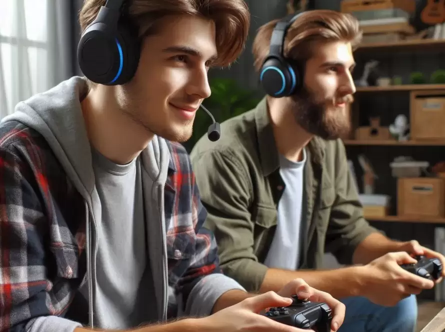 2 Jeunes hommes en train de jouer aux jeux vidéo sur console avec un casque.