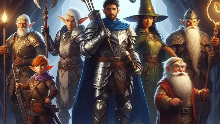 Equipe de joueurs de RPG dans une grotte avec des sorciers des elfs des achers et un magicien.
