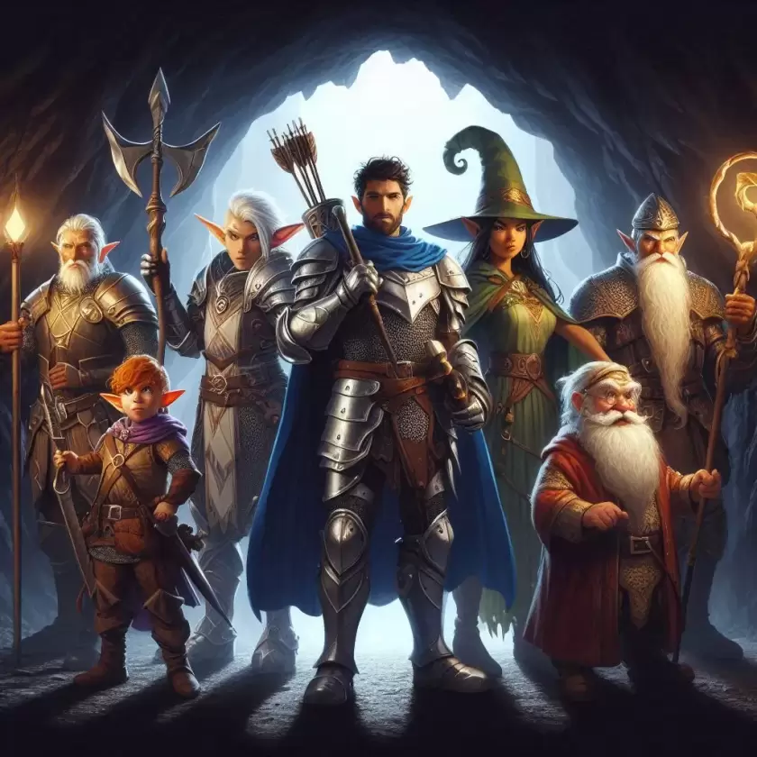 Equipe de joueurs de RPG dans une grotte avec des sorciers des elfs des achers et un magicien.