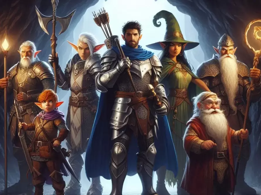 Equipe de joueurs de RPG dans une grotte avec des sorciers des elfs des achers et un magicien.