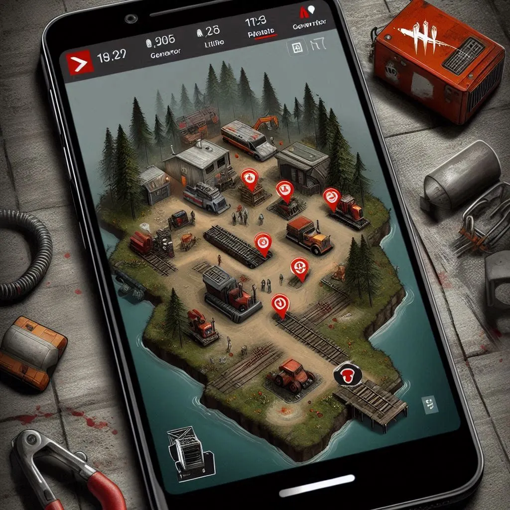 Carte de Dead by Daylight Mobile montrant les emplacements clés comme les générateurs et les palettes.