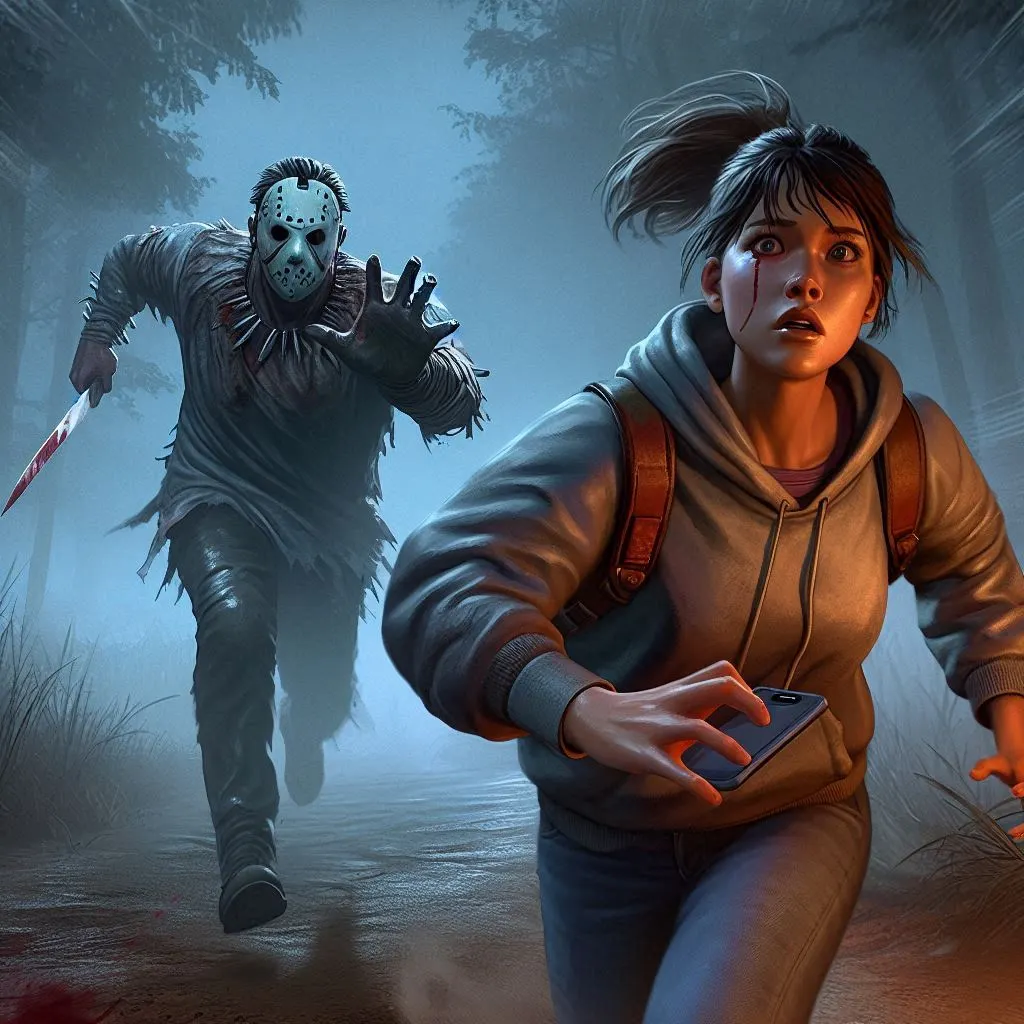 Gameplay de Dead by Daylight Mobile montrant un survivant poursuivi par le tueur.